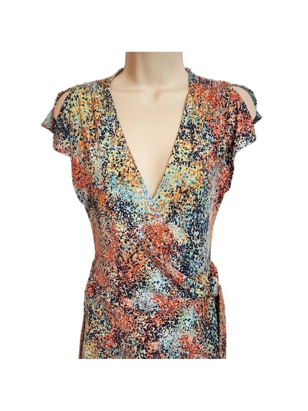 BCBG Max Azria Rainbow Dot Faux Wrap Knit Midi Dress Small - Picture 3 of 11